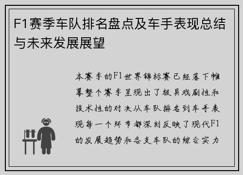 F1赛季车队排名盘点及车手表现总结与未来发展展望